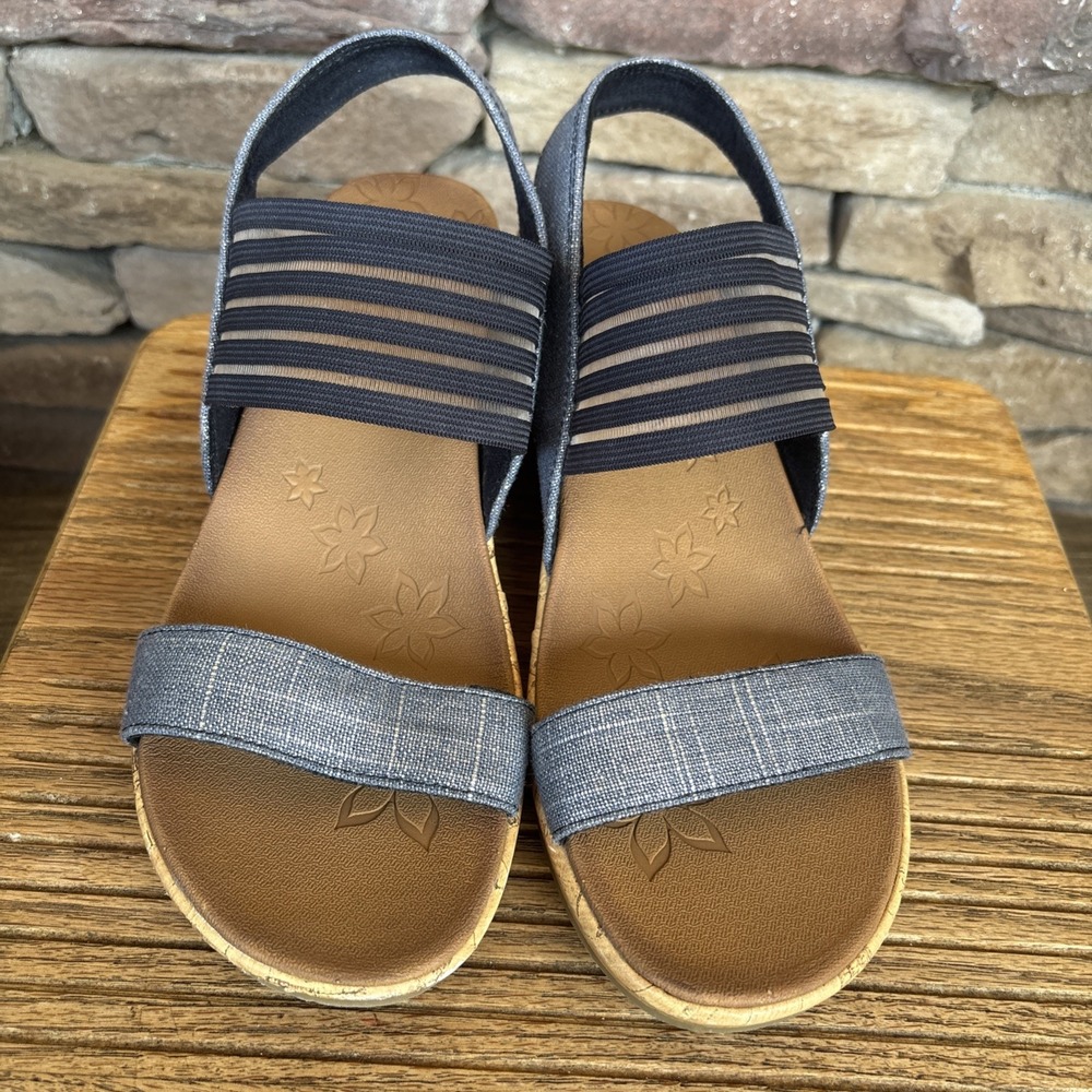 Skechers Luxe Foam Beverlee Sheer Luck Mesh Strap Wedge Sandals 8 Canvas Blue